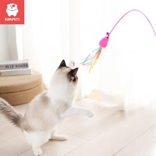 KIMPETS Funny Cat Stick Fishing Rod Interactive Cats Toy Retractable Teaser Kitten Stick Elastic Playing Wand With Feather Bell