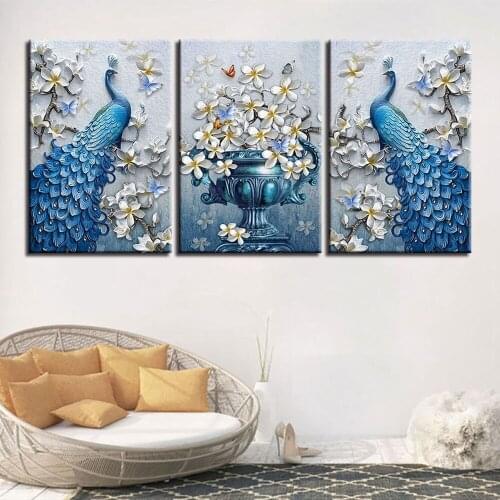 Blue Peacock Picture HD Print Orchid Flower Butterfly Canvas Wall Art Painting for Living Room Wall Decor Art Poster Home Decor