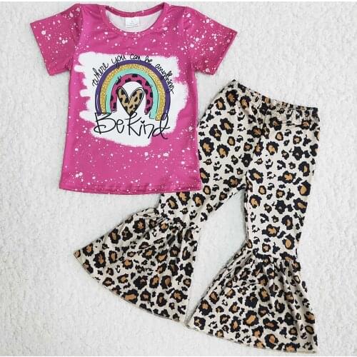 Hot Sale Girls Clothing Short Sleeves Rainbow Printed Tops Leopard Bell Bottom Pants Toddler Girl Clothes Set Children Clothing
