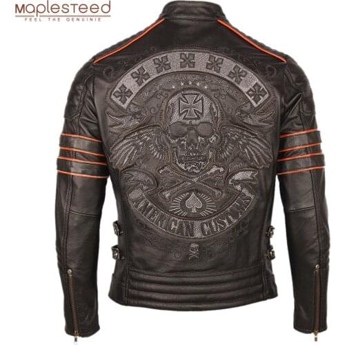 Black Embroidery Skull Motorcycle Leather Jackets 100% Natural Cowhide Moto Jacket Biker Leather Coat Winter Warm Clothing M219