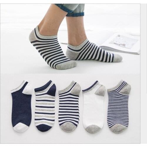 Men Solid Striped Cotton No Show Socks Ankle Socks Boys Male White Grey Navy Stripes Boat Socks Short Socks Slippers 5 Pairs/lot