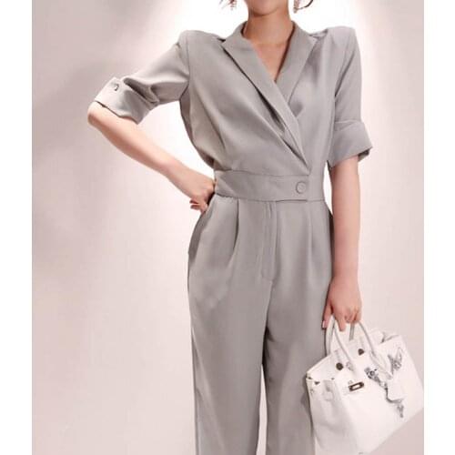 New arrival fashion summer jumpsuits women elegant short sleeve street style temperament office lady simple chiffon jumpsuits