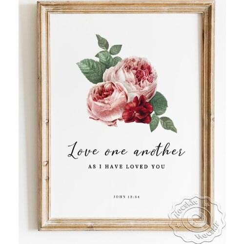 Love One Another Bible Verse Prints Poster, Christian Wedding Gift, Scripture Watercolour Flower Art Dsign Decorative Painting