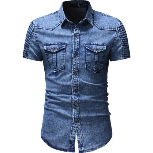 2019 New Short Sleeves Mens Shirts Short Fold Sleeve Pocket Shirts Fashion Casual Solid Denim Shirts Camiseta Masculina