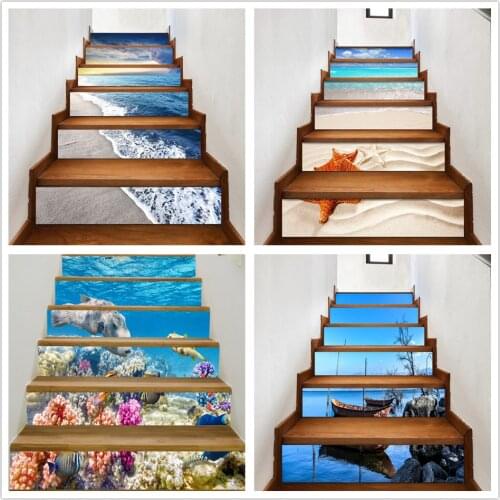 6/13pcs 3D Ocean Beach Self-adhesive Stair Lift Sticker PVC Starfish Stairs Sticker Staircase Decoration Decal Scenery Wallpaper