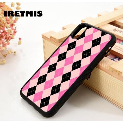 Iretmis 5 5S SE 6 6S TPU Silicone Rubber Phone Case Cover for iPhone 7 8 Plus X Xs 11 12 MINI Pro Max XR Black Pink Argyle