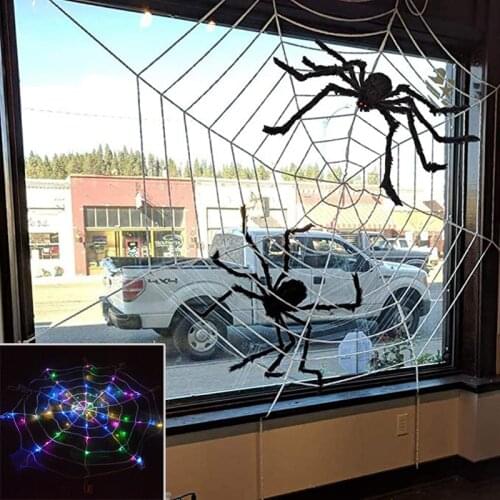 Multi-Color Halloween Spider Web String Lights Giant Lifelike Simulation Plush Spide Halloween Decoration Haunted House Prop