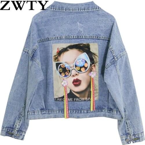 ZWTY Women Denim Jacket Fashion Streetwear Stylish Chic Printed Ripped Holes Jean Patchwork BF Style Jeans Female Coat
