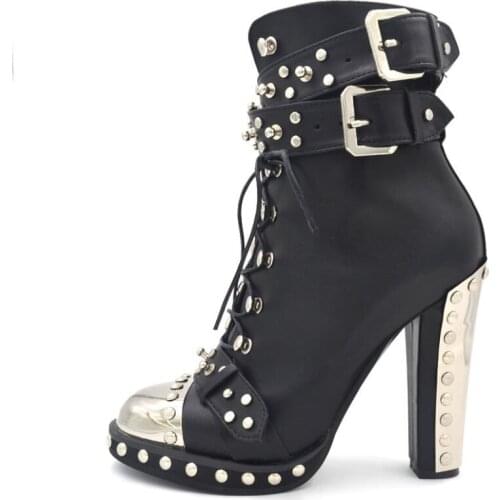 Fashion Studded Ankle Boots For Women Lace up Buckle Chunky Platform High Heels Leather Runway Metal Round Toe Women Booties
