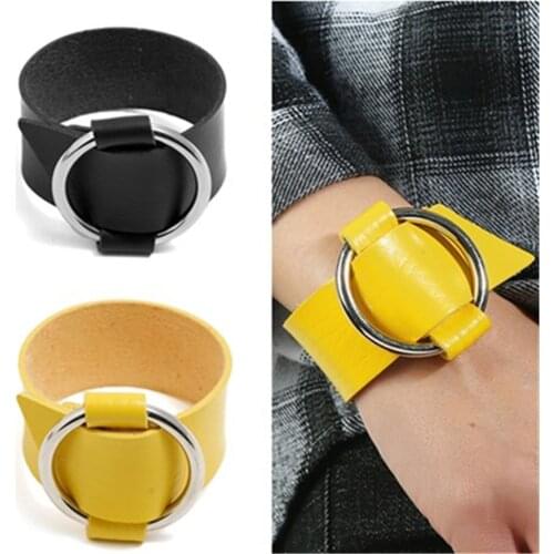 Yellow Neon Big Circle Girl Bracelets for Women BlackPU Leather Bracelets Women Fashion Girl Bangle Female Summer Beach Jewelry