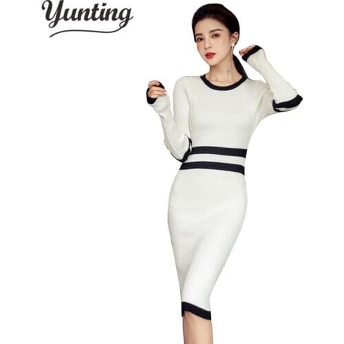2021 New Fall Winter Sweater Dress Women Fashion O-neck Full Sleeve Color Patchwork Sheath Knitted Dress Vestidos Female