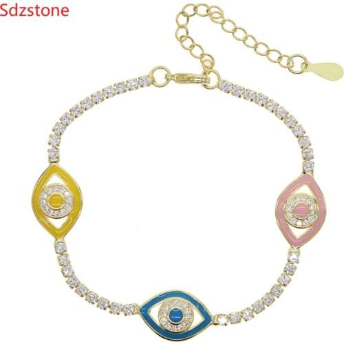 2021 Christmas Gift Jewelry Womens Tennis Cz Chain Evil Eye Charm Bracelet With Pink Green Fashion Enamel Adjust Size Bracelets