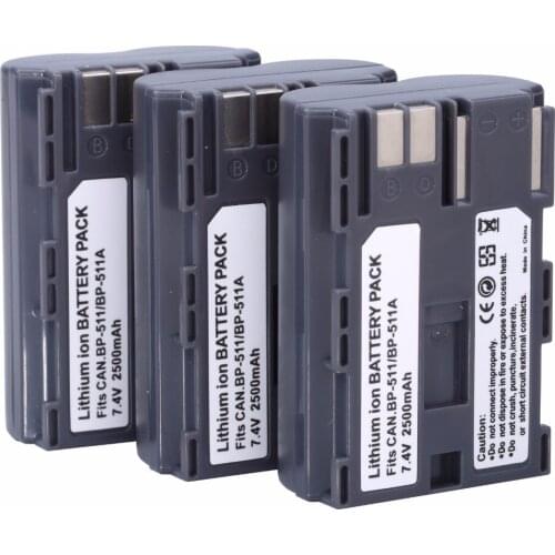 3Pcs 2500mAh BP-511 BP511A Rechargeable Battery Batteria Batteries For Canon 20D 30D 40D 50D MV 30i 300 300i ZR20 25MC Camera