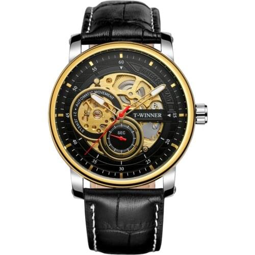 T-winner Mens New Coming Mechanical Self-winding Movement Skeleton Analog Dial Sport Watch with Leather Strap WRG8196M3