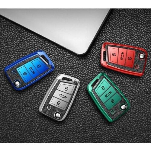 Leather+TPU Car Key Case For VW Volkswagen MK7/GTI 7/Golf 7/Golf R Skoda Octavia A7 SEAT Folding Remote Fob Cover Keychain