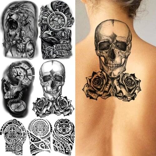 Black Skull skeleton Rose Temporary Tattoos For Women Men Lion Knight Compass Totem Fake Tattoo Sticker Back Arm Tatoos Maori