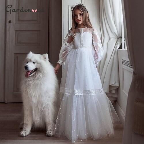 Ivory Flower Girl Dresses O-Neck Baby Girl Dress Lace Puffy Dresses For Girl Kids Birthday Party Gown First Communion