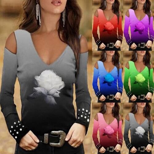 Elegant V Neck Gradient Floral Print Long-sleeved Top Blouse Women Autumn Off Shoulder Casual Loose Sexy Fashion T Shirt Shirts