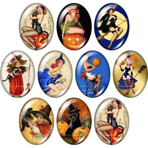 Happy Halloween Witch pumpkin cat 13x18mm/18x25mm/30x40mm mixed Oval photo glass cabochon demo flat back Jewelry findings TB0044