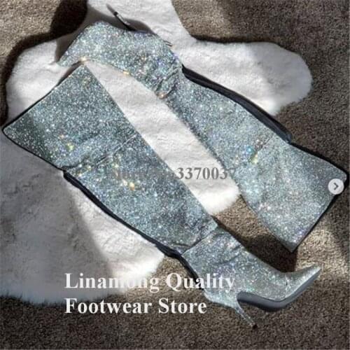 Linamong Bling Bling Pointed Toe Sequined Stiletto Heel Over Knee Boots Silver Shining Long High Heel Boots Party Dress Shoes