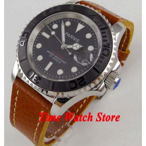 41mm Parnis Miyota automatic mens watch black dial luminous Sapphire glass brushed ceramic bezel P888