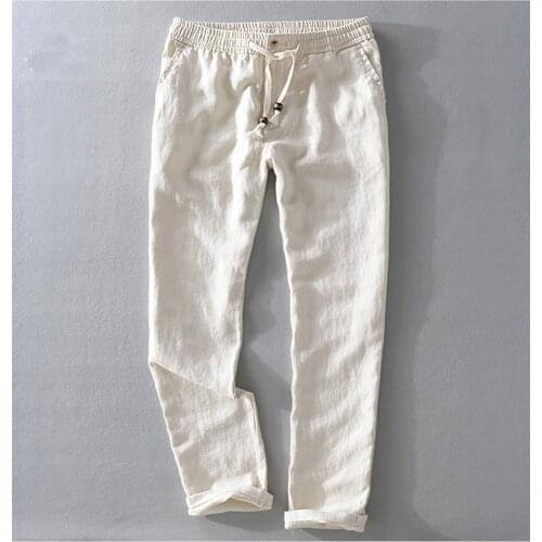 Good quality 2020 Spring And Autumn Men 100% Linen Solid Color Straight Pants Male Casual White Pants Trousers Brand Japan Style