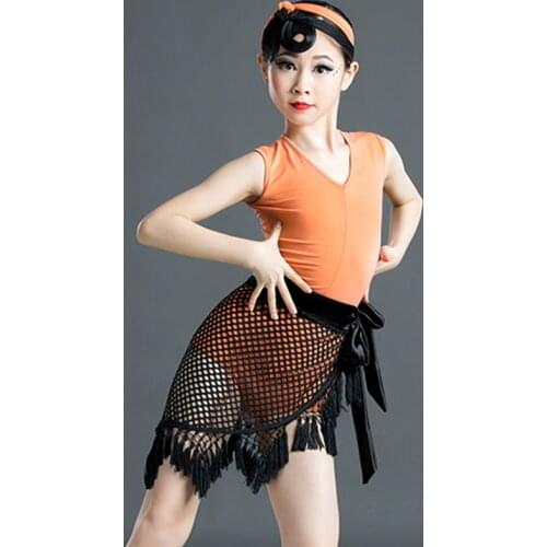 Girls Latin Dance Dress Tango Rumba Cha Cha Samba Salsa Practice Costumes Orange Leotard Black Mesh Fringed Hip Scarf DN6158