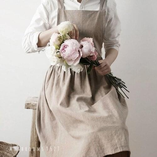 Korean French Style Cotton and Linen Retro Literary Kitchen Pleated Apron Florist Work Clothes Painting Japanese Simple