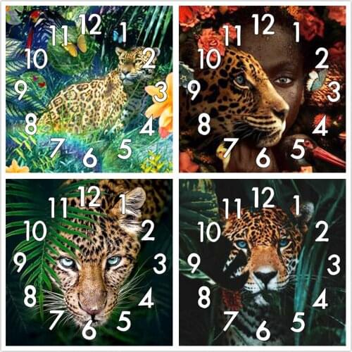 Dpsprue Full Diamond Painting Cross Stitch With Clock Mechanism Mosaic 5D Diy Square Round Animal leopard 3d Embroidery Gift KJ