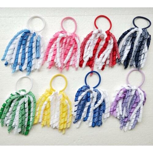 Girl Gingham Curly Ribbon Korker Elastic Hairband Ponytail Holders 5" Plaid Corker Streamers Loop Hair Bobbles Ties 10pcs PD027