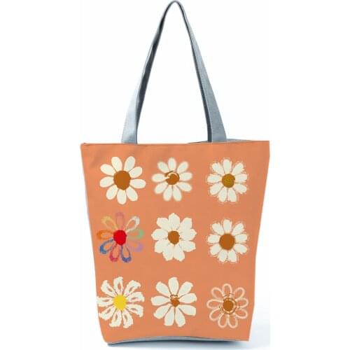 Floral Daisy Printed Handbags Eco Reusable Shopping Bag Tote High Capacity Women Shoulder Bag Orange Travel Beach Storage Bag