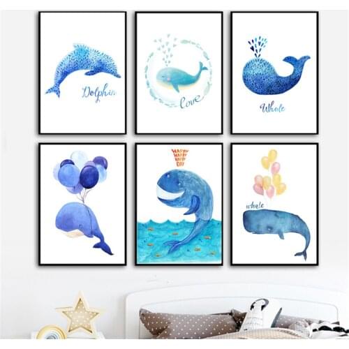 Blue Whale Dolphins Shark Balloon Wall Art Canvas Painting Cartoon Posters Prints Wall Pictures Boy Kid Room Decor Birthday Gift