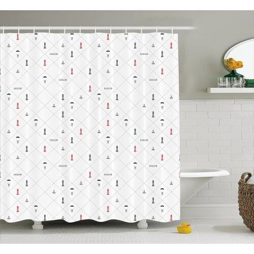 Lighthouse Shower Curtain Nautical Checkered with Sailing Icons Abstract Geometric Lines Waterproof Polyester Bath Curtains