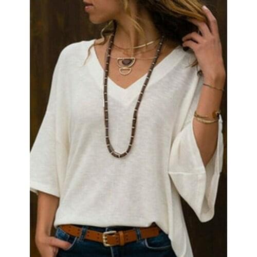 Women Tops And Blouse Spring Cotton Half Sleeve V Neck Solid Female Casualwear