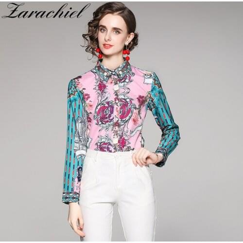 Runway Fashion Shirts Women Contrast Chain Flower Printing Blouses Ladies Turn Down Collar Button Long Sleeve Tops Mujer Blusas