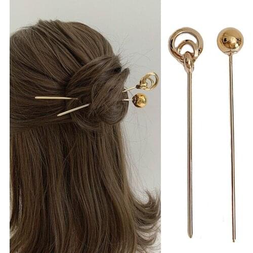 Korean Simple Gold Color Metal Round Ball Hollow Hair Stick Hairpins Women Fashion Hanfu Hair Accessories Disk Hair Clips