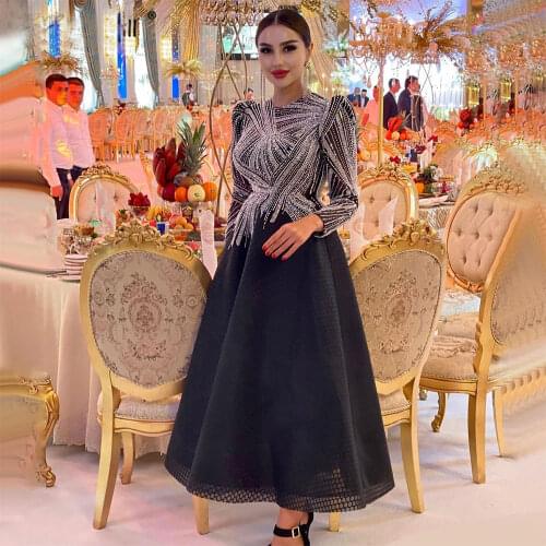 Luxury Muslim Black Prom Dresses Gowns 2022 A-Line Beaded Ankle-Length Long Sleeves For Women Party Pageant Custom Made