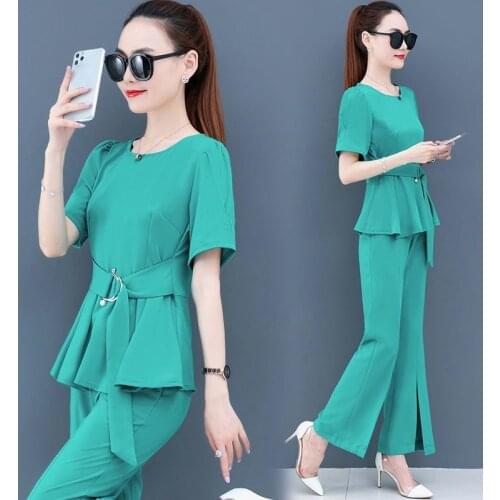 2020 New Summer Women Lace Hollow Out Shirt Tops + High Waist Long Pant 2 Piece Set Female Two Piece Suit Gentle Outfits Z232