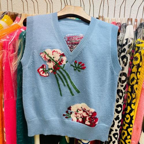 Brand Luxury Front Back Flower Embroidery V-Neck Vest Sweater Fashion Elegant Wool Sweater Women Autumn New Pullovver Clothes