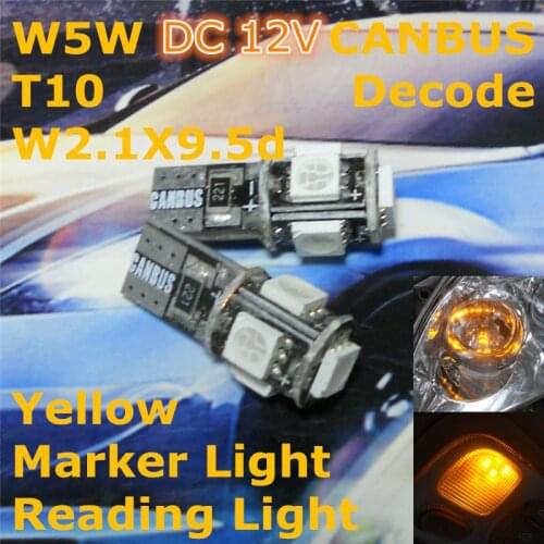 12V LED CANBUS Decode Yellow Color Car Bulb Lamp T10(5*5050 SMD) W5W W2.1X9.5d for Clearance Width Light