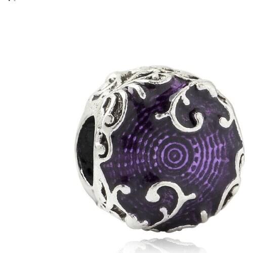 5PCS Htevak Noble Original Silver Color Vine Flower Charms Purple Enamel Round Beads Fit Bracelet DIY Women Male Jewelry