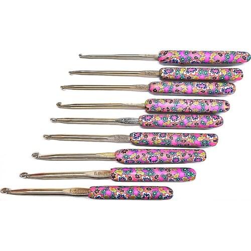 9pcs African Flower Aluminum Crochet Set Ceramic Handle Knitting Needles Kit Crochet Hooks Weaving Tools Sewing Accessories New