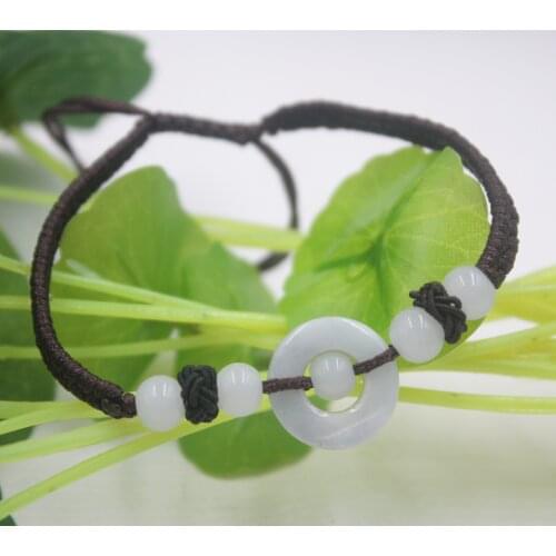 Real Natural Jade Jadeite Bracelet Round Bead Safety Button For Women And Men Brown Weave Lucky Bracelet 6.3''L
