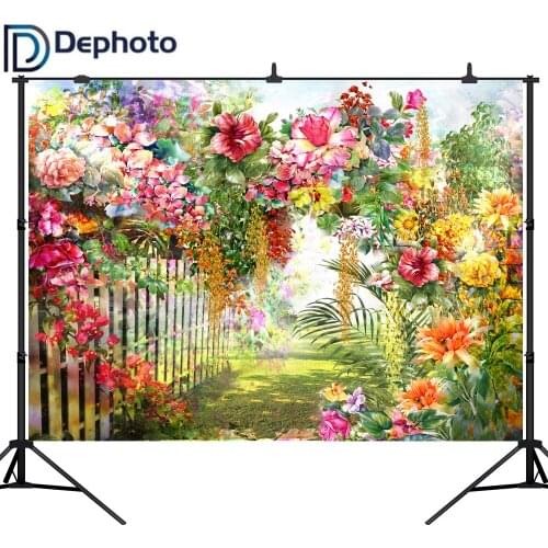 DePhoto Photography Background Oil Painting Floral Flowers Garden wooden Fence Baby Birthday party Backdrop Photo Studio