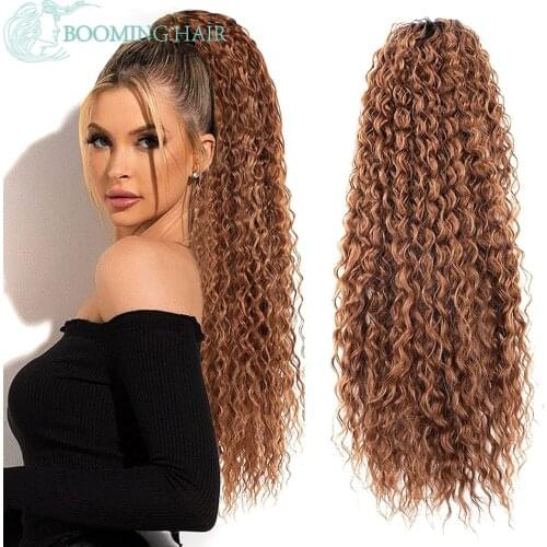 Curly Clip In Pony Tail Hair Extension Synthetic Straight Hair Drawstring Ponytail Heat Resistant Black Brown By BOOMING HAIR
