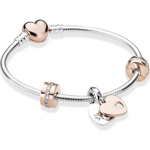 European Heart-shaped Pendant Charm Bracelet Fit Womens Jewellery Snake Chain Rose Gold Metal Fashion Fine Bracelets