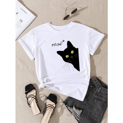 Black Cute Meow Cat Printing Women Tshirt Spring Summer Oversized Clothing Fashion Style t-Shirt o-Neck Casual Female t-Shirt