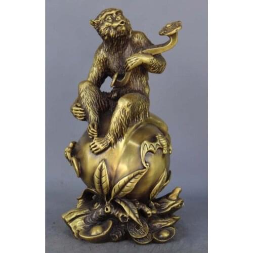 Exquisite Chinese Pure Brass Peach Hold RuYi Monkey Sit Peach Bat Bronze Statue