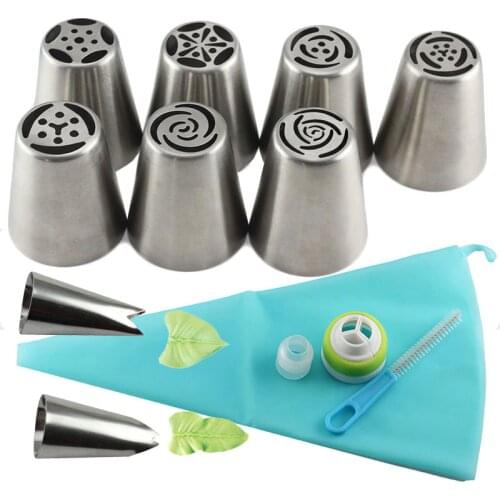 Mujiang 13Pcs/Set Russian Icing Piping Tips 1 Pcs Silicone Bag 2 Coupler Leaf Nozzles Brush Cupcake Cake Decorating DIY Dessert