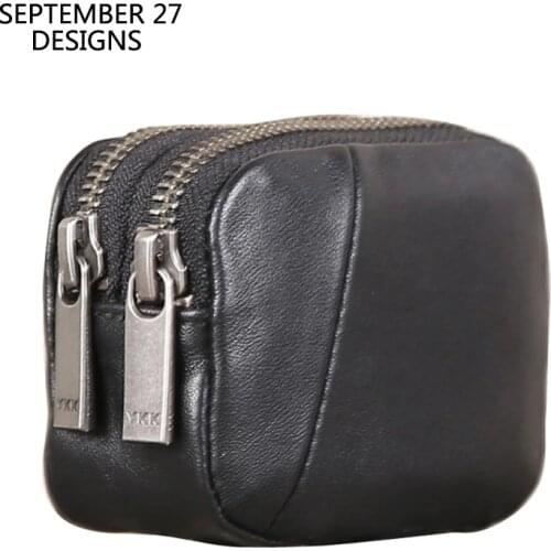 Coin Purses Genuine Leather Fashion Double Zipper Mini Coin Pouch 100% Cowhide Leather Men Women Small Wallets Money Change Bag